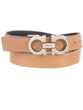 Salvatore Ferragamo Tan Pebbled Leather Gancini Belt with Silver Buckle